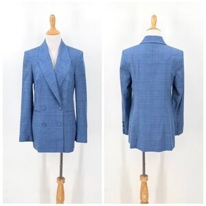 & OTHER STORIES Plaid Wool Blazer Womens 6 Blue Double Breasted Jacket Office